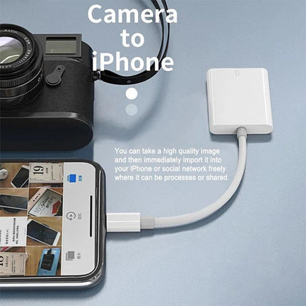 Essential SD Card Reader for Daily Photo Transfers and Sharing - white SD card reader connecting camera to iPhone for quick photo import
