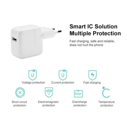 Compact USB charger for everyday device use at home showing white plug with Smart IC, fast charging and multiple protection icons