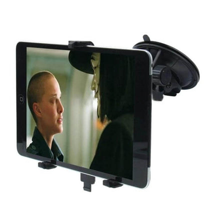 Windshield Tablet Mount For iPad Mini And iPad 2 And 3 showing iPad Mini secured on adjustable suction-gooseneck for hands-free car viewing