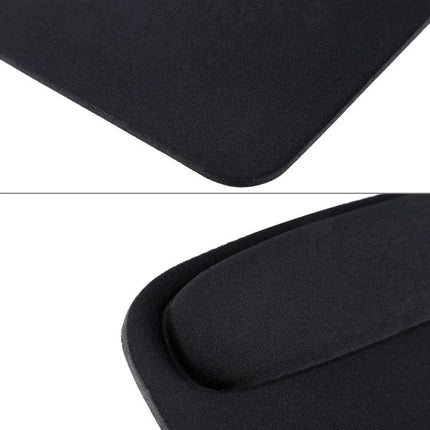 Ergonomic Cloth Mouse Pad with Wrist Rest for Desk Use — black cloth surface with cushioned wrist support and non-slip rubber base