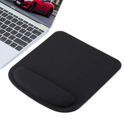 Ergonomic Cloth Mouse Pad with Wrist Rest for Desk Use black cloth mouse pad with cushioned wrist support next to laptop