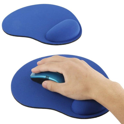 Set of 2 Foot-Shaped Cloth Gel Wrist Rest Mouse Pads showing blue foot-shaped cloth mouse pad with gel wrist support and hand using a mouse