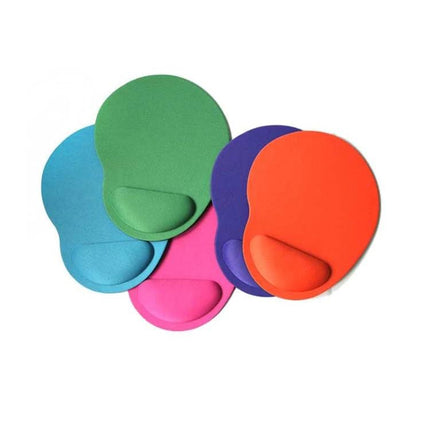 Set of 2 Foot-Shaped Cloth Gel Wrist Rest Mouse Pads in assorted colors showing cloth surface and gel wrist support