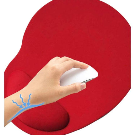 Set of 2 Foot-Shaped Cloth Gel Wrist Rest Mouse Pads showing red foot-shaped cloth mouse pad with gel wrist support and hand using a white mouse