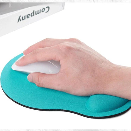 Set of 2 Foot-Shaped Cloth Gel Wrist Rest Mouse Pads showing teal foot-shaped cloth mouse pad with gel wrist support and hand using a white mouse