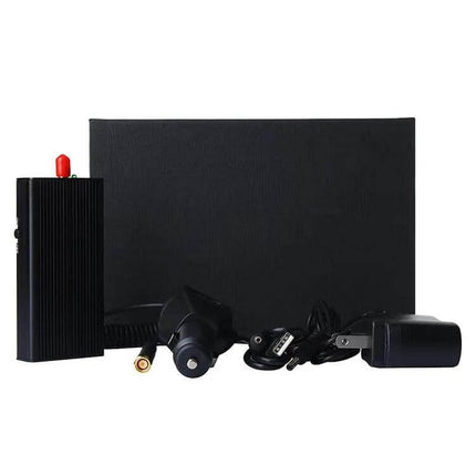808KB Black Portable GPS Jammer for Privacy Protection shown with black rectangular jammer unit, antenna, car charger and power adapter
