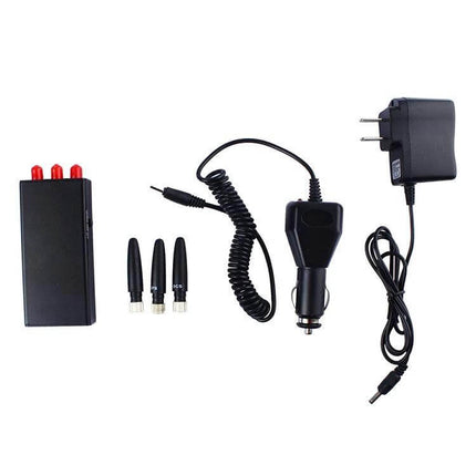 Portable Cell Phone Signal Jammer for Privacy and Safety compact black jammer with three detachable antennas, car adapter and wall charger on white background