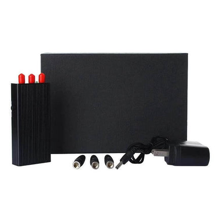 Portable Cell Phone Signal Jammer for Privacy and Safety compact black jammer with three red antennas, adapters and power charger