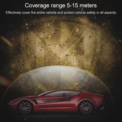 Portable Cell Phone Signal Jammer for Privacy and Safety shown protecting a red car with 5–15 meter coverage dome