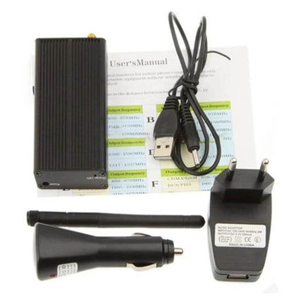 Compact Portable Signal Jammer for Meeting Privacy - compact 2400-2480MHz jammer kit with antenna, USB cable, car adapter and wall charger