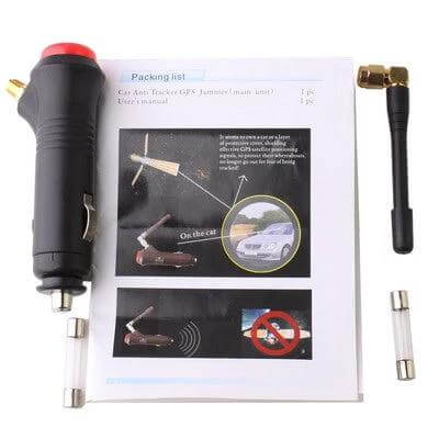 Portable Car GPS Signal Jammer for Vehicle Privacy Protection - compact kit with cigarette lighter power plug, antenna and fuses