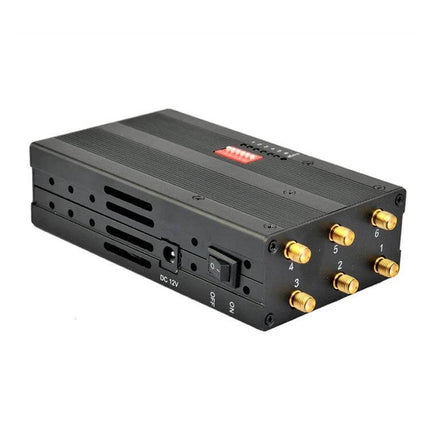 Portable Mobile Phone Signal Jammer with 20 Meter Coverage compact black unit with six gold antenna ports and DC 12V switch
