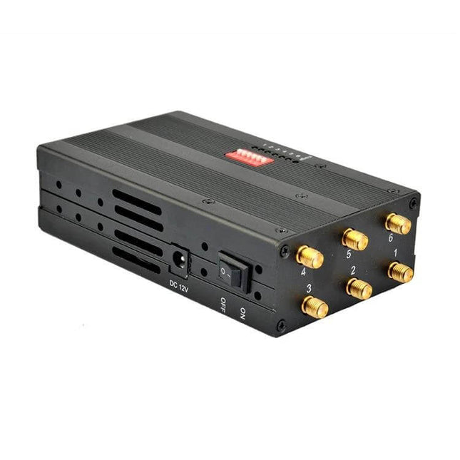 Wireless Mobile Signal Jammer for Privacy, Blocks Calls and Data up to 20 Meters - black multi-band jammer device with six antenna ports