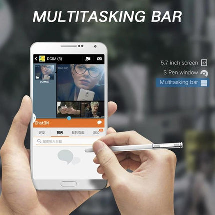 Pressure Sensitive Stylus Pen for Samsung Galaxy Note III being used on Note III multitasking screen, precise input and lightweight design