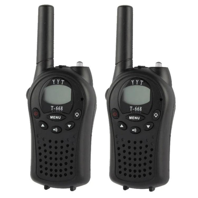 T668 Walkie Talkie Set for Everyday Communication and Use - compact black twin radios for family outings, neighborhood events, and workplace coordination