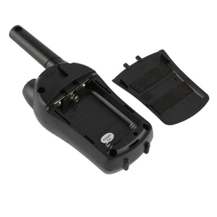 T668 Walkie Talkie Set for Everyday Communication and Use showing compact black unit with open battery compartment and removed back cover