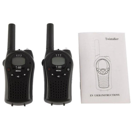 T668 Walkie Talkie Set for Everyday Communication and Use - compact black twin pack with user manual