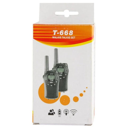 T668 Walkie Talkie Set for Everyday Communication and Use - compact black dual pack on retail box showing ergonomic portable radios