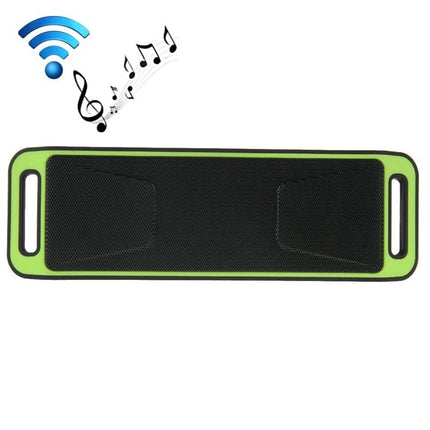 Compact Bluetooth Speaker For Everyday Listening And Calls shown slim green portable speaker with handles, music notes and wireless icon