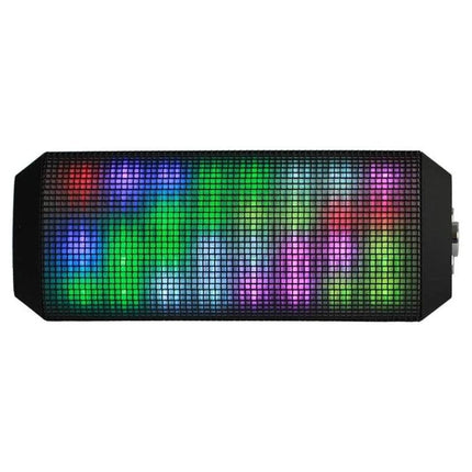 Portable Bluetooth Speaker With LED Lights For Outdoor Use showing multicolor LED grid, dual 5W drivers, rechargeable battery, outdoor-ready