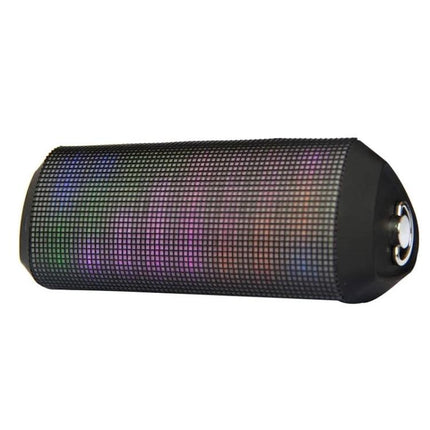 Portable Bluetooth Speaker With LED Lights For Outdoor Use showing cylindrical black speaker with multicolor LED mesh
