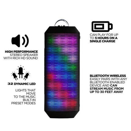 Portable Bluetooth Speaker With LED Lights For Outdoor Use showing colorful LED grid, dual drivers, 5-hour battery