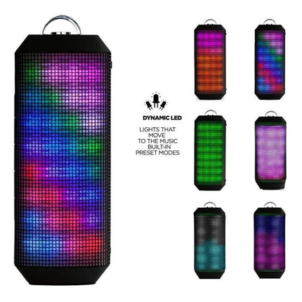 Portable Bluetooth Speaker With LED Lights For Outdoor Use showing colorful dynamic LED patterns and dual 5W drivers