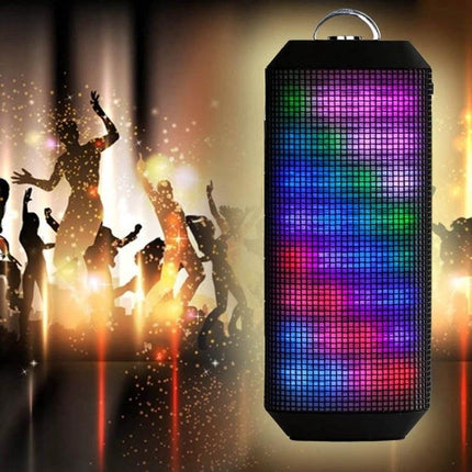 Portable Bluetooth Speaker With LED Lights For Outdoor Use shown at a backyard party with colorful LED light effects and crowd