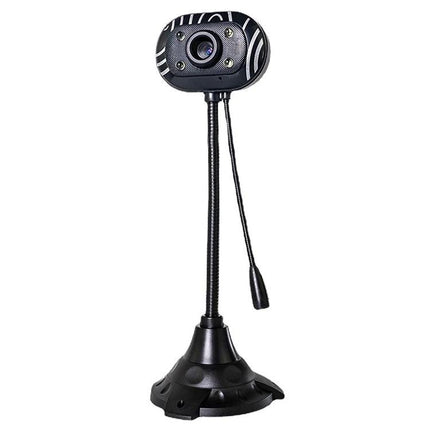 USB Webcam with Built-in Microphone and LED Lights for Video Calls on adjustable stand with flexible neck and integrated mic