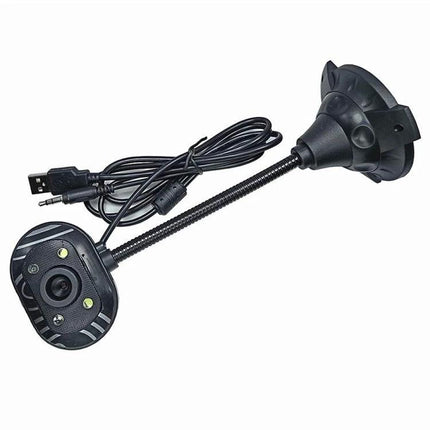 USB Webcam with Built-in Microphone and LED Lights for Video Calls mounted on flexible arm with USB and audio cables