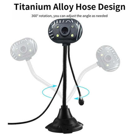 USB Webcam with Built-in Microphone and LED Lights for Video Calls on adjustable titanium alloy hose, with LED lights and flexible 360° rotation