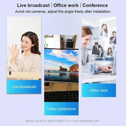 USB Webcam with Built-in Microphone and LED Lights for Video Calls showing live broadcast, office work, and video conference scenarios