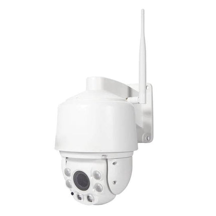 Wireless PTZ Surveillance Camera with 360-Degree Rotation wall-mounted white dome camera with antenna and night LEDs