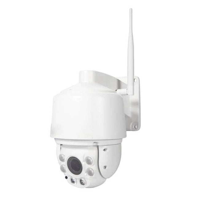 Wireless PTZ Surveillance Camera with 360-Degree Rotation wall-mounted white dome camera with antenna and night LEDs