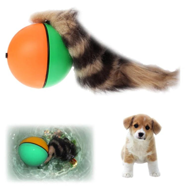 Fun Rolling Ball Toy for Home Play with Pets and Kids — motorized orange-green ball with furry weasel tail for cats, dogs and water play