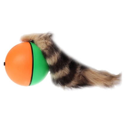 Fun Rolling Ball Toy for Home Play with Pets and Kids - orange-green motorized ball with furry weasel tail for interactive floor and water play
