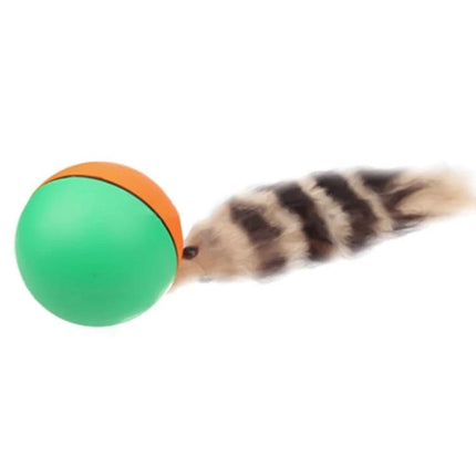 Fun Rolling Ball Toy for Home Play with Pets and Kids - green motorized ball with furry weasel tail for cats and dogs to chase