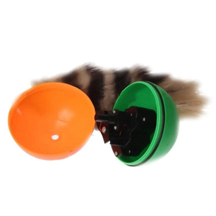 Fun Rolling Ball Toy for Home Play with Pets and Kids showing motorized green-orange ball with furry weasel attachment on floor