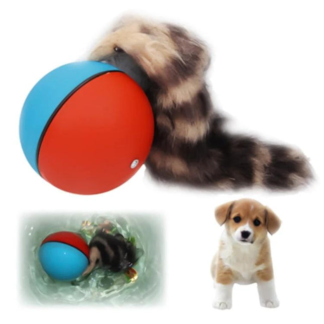 Fun Interactive Rolling Ball Toy for Pets and Kids at Home - motorized red-blue ball with kitten playing and puppy nearby