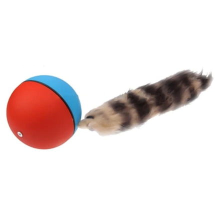 Fun Interactive Rolling Ball Toy for Pets and Kids at Home - motorized red-blue ball with faux-fur tail enticing cat play