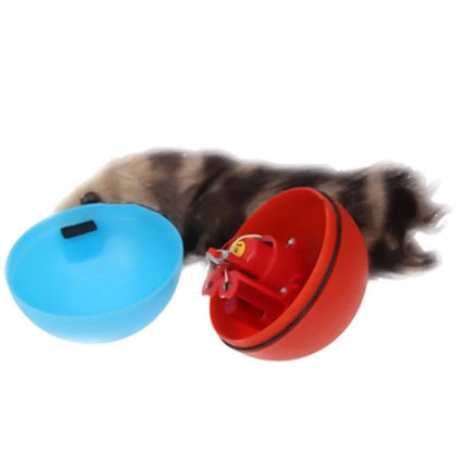 Fun Interactive Rolling Ball Toy for Pets and Kids at Home - motorized red and blue ball with pet sniffing in living room