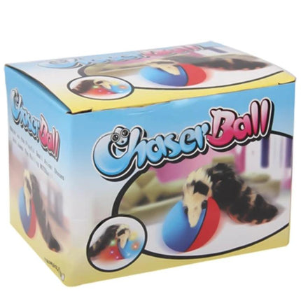 Fun Interactive Rolling Ball Toy for Pets and Kids at Home - motorized chaser ball packaging showing pet playing