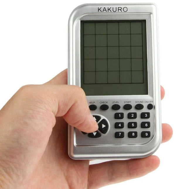 Portable Electronic Sudoku and Kakuro Puzzle Game with Big Screen handheld device showing kakuro grid and keypad held in hand