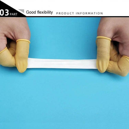 Latex Anti-Static Finger Cot 2x6cm for Electronics Handling showing two gloved fingertips stretching material on blue background
