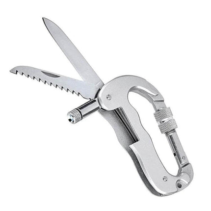 Heavy Duty D-Shape Carabiner With Knife For Camping - compact aluminum locking carabiner with folding knife, serrated blade and built-in LED for camping and hiking