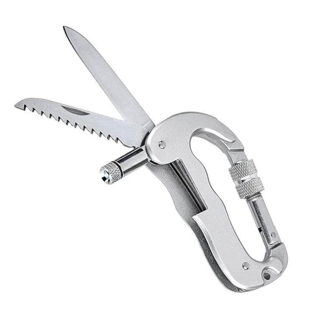 Heavy Duty D-Shape Carabiner With Knife For Camping - compact aluminum locking carabiner with folding knife, serrated blade and built-in LED for camping and hiking