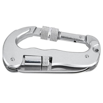 Heavy Duty D-Shape Carabiner With Knife For Camping - silver aluminum locking carabiner with folding knife and LED lamp for camping and hiking