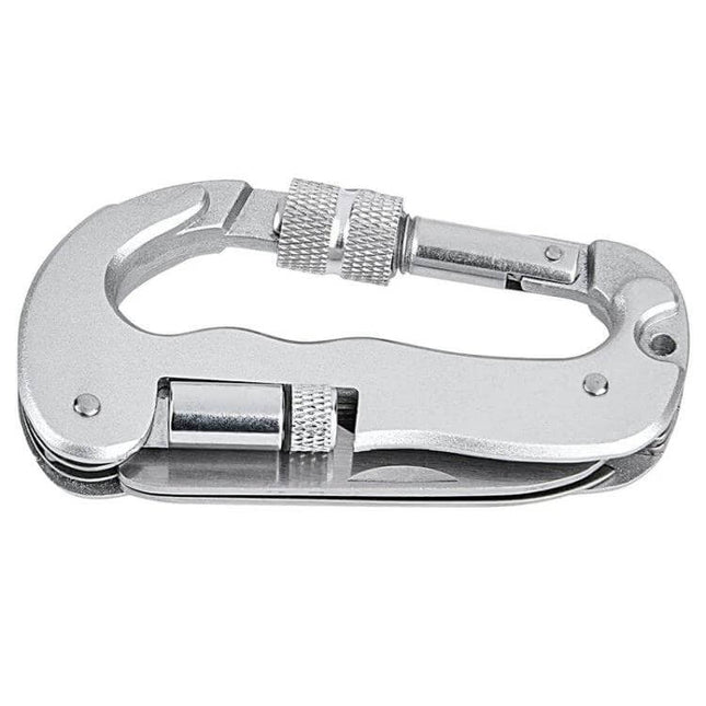Heavy Duty D-Shape Carabiner With Knife For Camping - silver aluminum locking carabiner with folding knife and LED lamp for camping and hiking