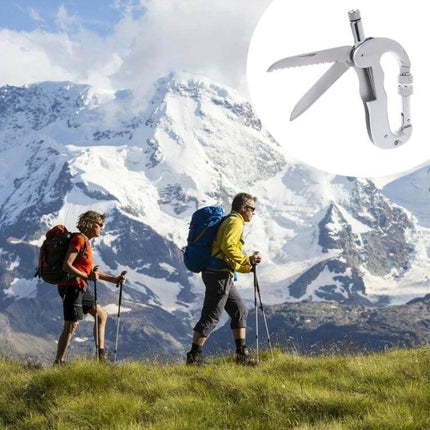 Heavy Duty D-Shape Carabiner With Knife For Camping shown with hikers and mountain backdrop, folding knife and LED lamp visible