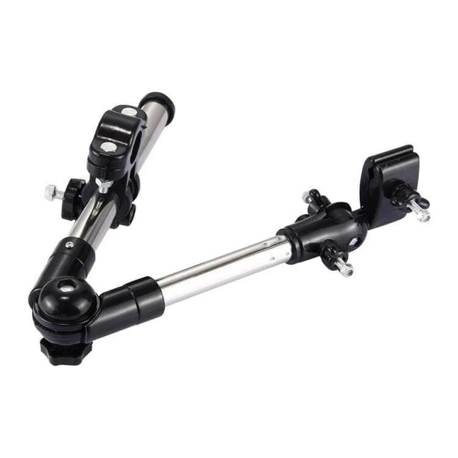 Universal Foldable Stainless Umbrella Mount For Bike Angle Adjustable shown folded stainless steel and ABS clamp attachment for handlebars